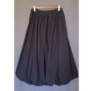 Black Bubble Hem Midi Skirt 100%Cotton Elastic Waist Pull On Small Balloon Skirt